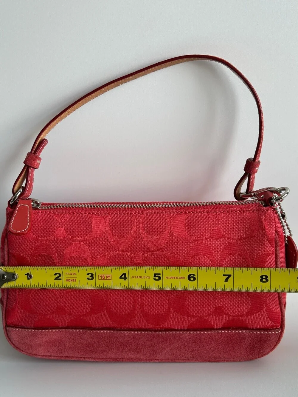 Coach Signature Jacquard Mini Demi Pouch Shoulder Bag Red Canvas Suede Trim 6094
